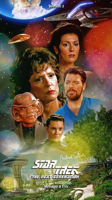 A poster for Star Trek The Next Generation episode Ménage à Troi, featuring the faces of Deanna, Lwaxana, Riker, and Wesley along with a thoughtful looking Ferengi, against a starry night, over a beautiful futuristic city embedded with lush forrested parks.

Artist: Michael Schuh 
- @michael76
- @michaels76.bsky.social