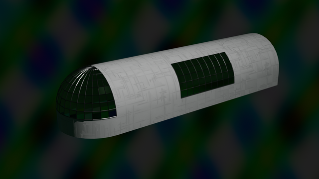 White spaceship against a dark, multicoloured backdrop.
Front and side-panels have gridded green glass panels.
Hull has faint grid texture