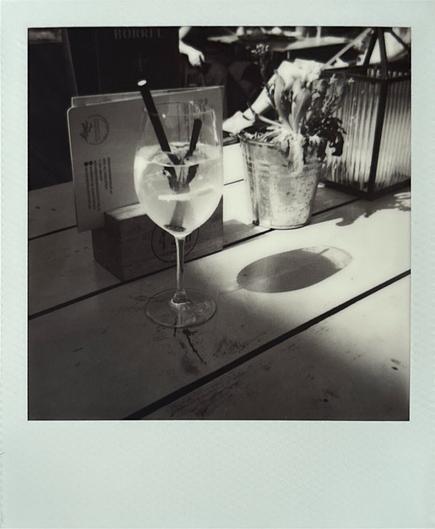 A black and white Polaroid photo of a cocktail on a wooden table in sunlight. Behind the cocktail is a menu. Next to the cocktail is a small plant.