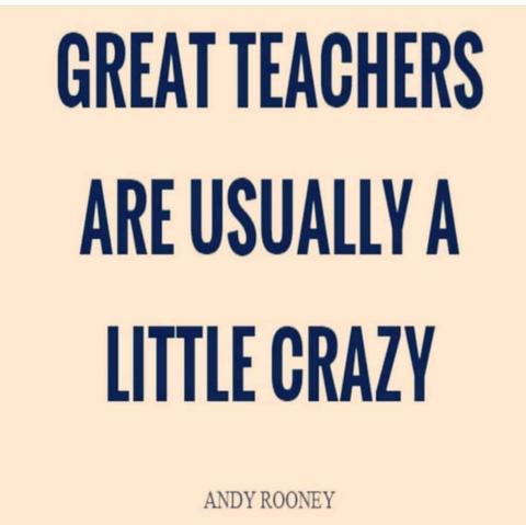 A light beige image with bold blue text that reads: "GREAT TEACHERS ARE USUALLY A LITTLE CRAZY" followed by "ANDY ROONEY" in smaller blue text. This suggests a playful acknowledgment of the unique and passionate nature of effective educators.