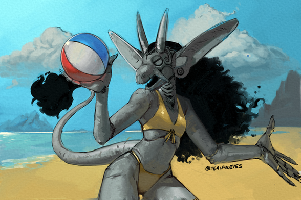 Painting of Marbell in a golden bikini playing volley ball with off-scene players by Tealful Eyes.