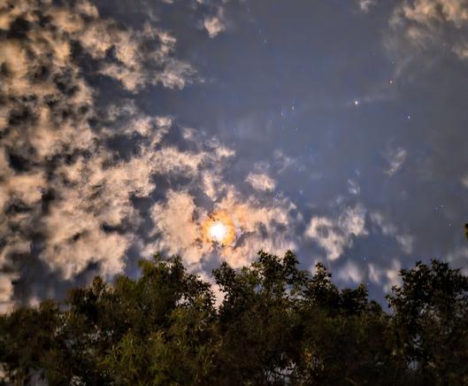 Looking up into a brilliant blue night sky with a glowing full moon illuminating pop-corn puff-like clouds, with several stars visible above.