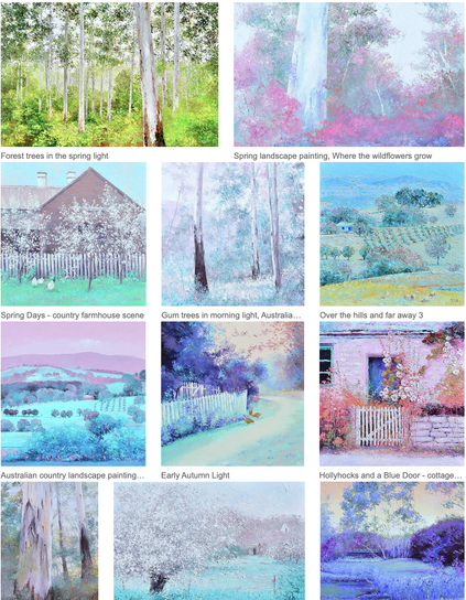 A collage of my Impressionist landscape paintings of country and rural scenes. Country cottage and farm scenes with picket fences and hens scratching about.