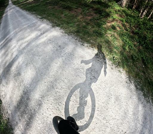 The shadow of a unicyclist on a white gravel path at the bottom of the picture you can see the wheel of the unicycle & the unicyclist's leg.