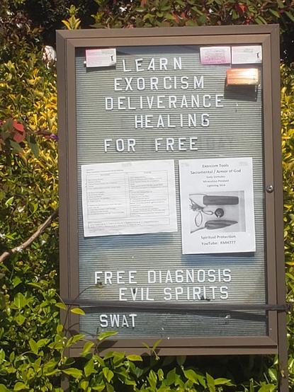 A signboard in an overgrown front yard advertising exorcism services.