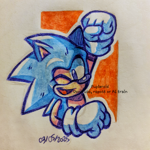A traditional sketchbook doodle of Classic Sonic the Hedgehog, from the Sonic the Hedgehog series. It's based on his Sega Genesis/Megadrive appearance, drawn in a halfbody. He is winking while smiling cheerfully, with his left hand closed in the air. Behind him, there's a abstract orange-red rectangle background.