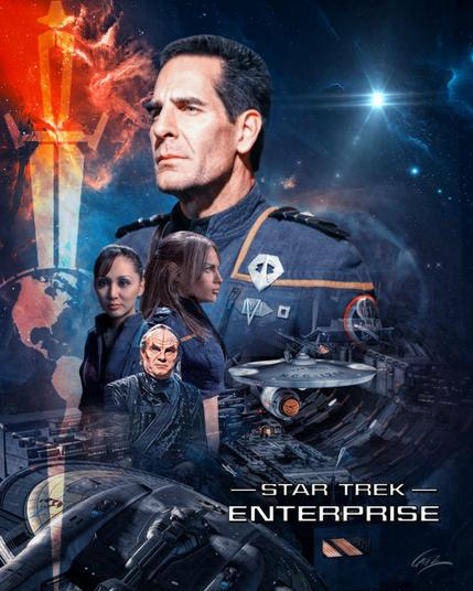 A poster for the Star Trek Enterprise episode In A Mirror Darkly, featuring the faces of the current crew of the NX-01 but in significantly more militant and alluring uniforms and stances. A flaming upside down sword, symbol of the Terrans, is shown on the left. The original series starship Defiant can be seen in the corner.