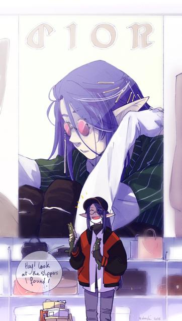 Modern!AU of my ff14 character ysolt where he's a musician and a model. He's standing proud holding a pair of fish slippers he found in a haute couture store, wearing everyday clothes while a big picture of him as a model is hanged right behind him.