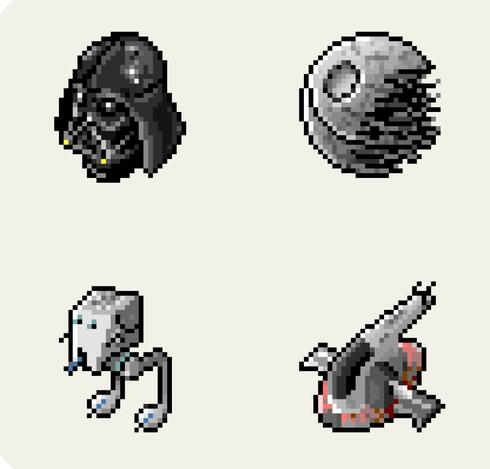 Pixel clicked Star Wars icons of Darth Vader, the death star Slave one and an AT-ST