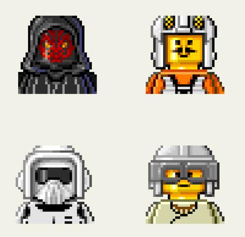 Pixel clicked Star Wars icons of Lego mini figs, including Darth Maul, a Scout trooper, Anakin Skywalker, and Wedge Antilles