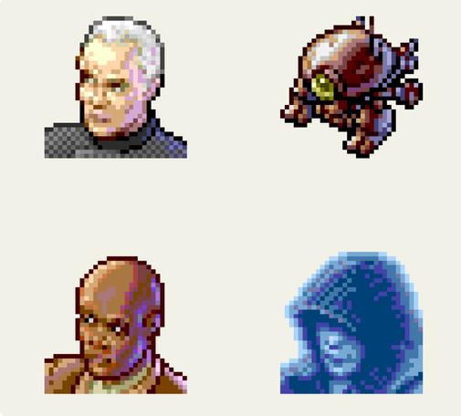 Pixel clicked Star Wars Copeland style icons, including mace, do a hologram of the emperor and others