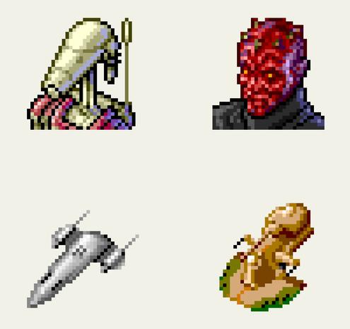 Pixel click Copeland style Star Wars, icons of a battle, droid, Darth Maul and others