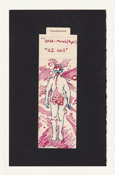 the figure on the manila bookmark is composed of blue angular lines. Their GI system and forehead are drawn in as a series of repeated straight lines in bright fuscia. Surrounding them are more repeating pink lines in different directions, as well as bubbles. The face is screwed up in displeasure.