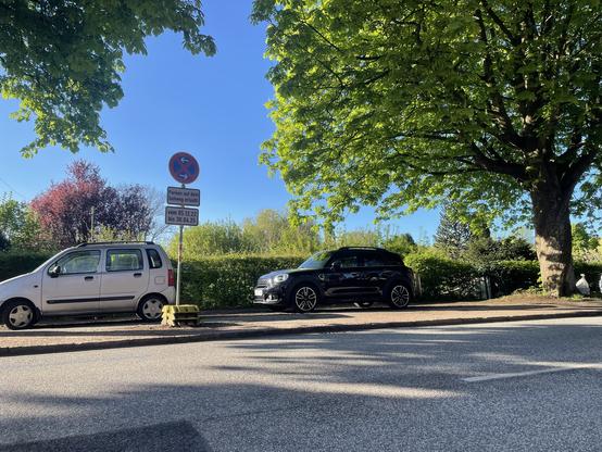 Zwischen zwei Straßenbäumen parken zwei Autos auf einem Gehweg. Auf dem Teil, der früher einmal ein Radweg gewesen sein könnte steht ein, für eine Baustelle aufgestelltes Verkehrszeichen in drei Fußgewichten. Es weist für die Fahrbahn ein absolutes Halteverbot aus und ist neben einem Zusatzzeichen für die zeitliche Gültigkeit auch mit einem Zusatzzeichen ausgestattet, welche das Parken auf dem Gehweg erlaubt. Diese Anordnung ist klar rechtswidrig.