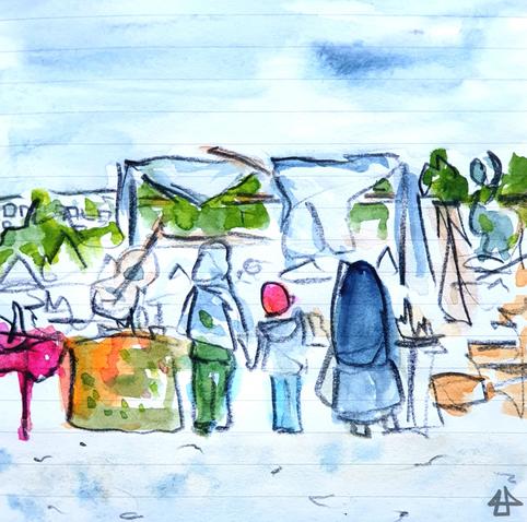 Aquarellierte Buntstiftzeichnung auf liniertem Papier. Menschen stehen an einem Verkaufstisch mit Trödel, der teilweise mit weissen Pkanen vor Regen geschützt ist. Im Hintergrund die Bavaria, Bäume und hohe Bürogebäude.