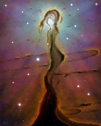 A digital drawing of a dark, pillar-like nebula with a bright star at its top emitting a blue glow. Surrounding the top are other stars.