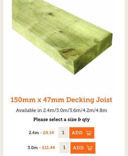 A screenshot from a timber supplier’s website showing a price that has increased from £8.99 to £11.44 in two weeks.