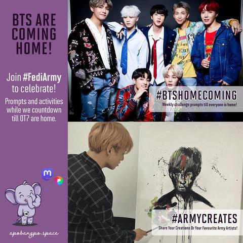 Celebrate BTS Coming Home! Prompts and activities while we countdown till OT7 come home. 

This week - Daily Prompts for #BTSHomecoming. Celebrate #HYYH. Share some Art for #ArmyCreates