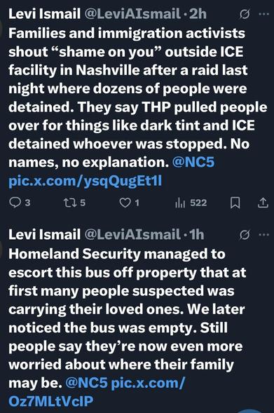 Text from Twitter posts discussing protests outside an ICE facility in Nashville, where families and activists expressed anger after a raid. The posts describe how individuals were detained during the event, and mention concerns over a bus escorted by Homeland Security that people believed was transporting detained…