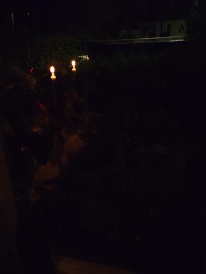 Candle flames are reflected back in a dark window.