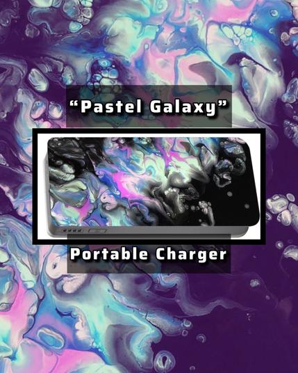 Neon colors in a diagonal strip across the convex evoking a world of imagination. On a portable charger.