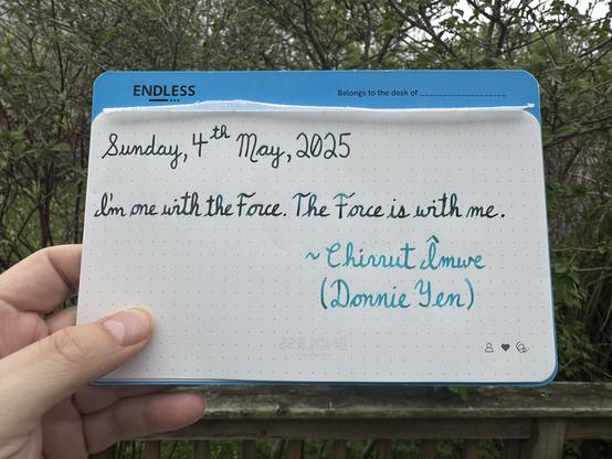 A pen quote of Chirrut Îmwe in Rogue One: A Star Wars Story, played by the inimitable Donnie Yen that reads, “I'm one with the Force. The Force is with me.”

Written using Lamy Petrol, along with Jacques Herbin inks: Emerauld de Chivor & Turquoise de Perse. 

(May the 4th Be With You All. 💛)