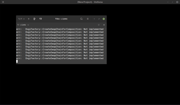 screenshot of voisona running in wine with the black screen glitch giving the error "err: DxgiFactory::CreateSwapChainForComposition: Not implemented"
