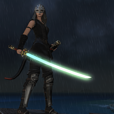 My Final Fantasy 14 Miqo'te in a mostly black outfit, plate-armoured boots and a metal helmet. She has a Samurai sword out in an aggressive-defensive stance and the blade is glowing a pale green.
