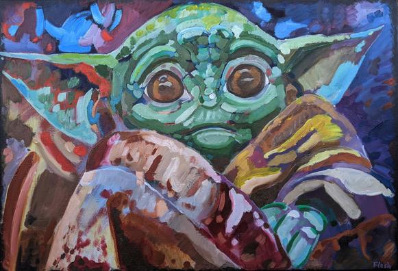 A colorful oil painting of Grogu, a character from Star Wars.