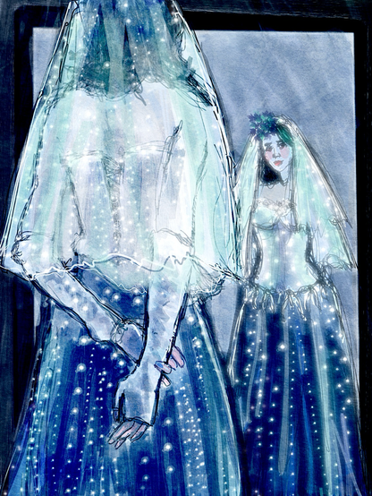 In a palette of blues, a bride looks at herself in the mirror.