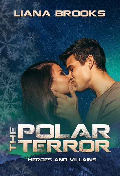The cover for The Polar Terror. A brown-skinned man with short cut black hair holds the face of a brown-skinned woman with long, dark hair as he kisses her. In the background are stars and green northern lights. At the bottom are mountains covered in snow. The faint outline of snowflakes are visible on the left and the title is at the bottom.