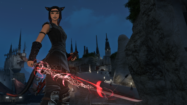 A generally black outfit/glamour with a red glowing Samurai blade. A generally angry expression.

/endure to be precise.