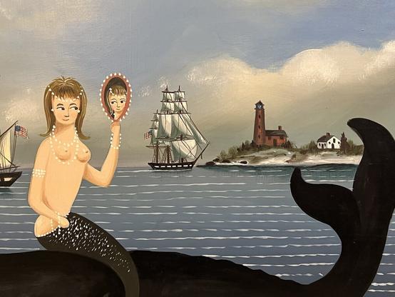 Painting of a mermaid seated on a black rock. She holds up a mirror and looks at her face. She is adorned with two pearl necklaces, pearl earrings, pearls in her hair, a pearl bracelet on each wrist and three peal arm rings. In the background, we see two ships with an US-American flag and a small strip of land with a lighthouse and a small house.