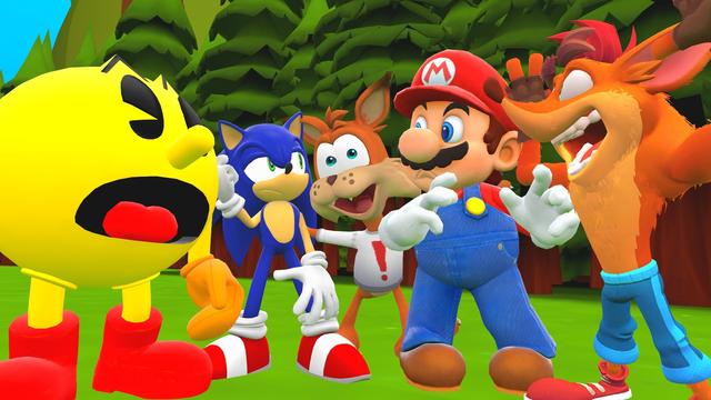 Characters from left to right:

Pac-Man, Sonic, Bubsy, Mario, Crash