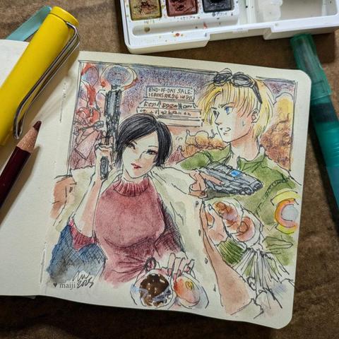 Photo of sketchbook with ink, watercolour and pencil crayon drawing surrounded by a portable watercolour set, a waterbrush, a pencil crayon and a fountain pen. Ada Wong from Resident Evil is hefting Hookshot in one hand and daintily holding two individually packaged Asian bakery buns in the other. Claude C. Kenni from Star Ocean 2 is behind her pulling out his Phase Gun and hugging two more individually packaged Asian bakery buns. He also has a lot of shopping bags around his arm. Visible in the background is a storefront with the sign "End-of-day sale 10 buns for $16 no tax" and two monsters.