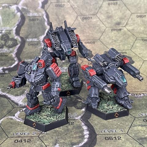 Wolverine, Archer, and Ebon Jaguar miniatures painted dark grey with red accents