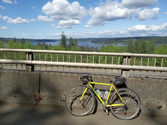 A yellow road bike leaning against a wall at the side of a roadway. Lake Sammamish is in the background with a sky with classic puffy clouds.