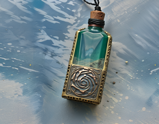 Bronze-encased glass bottle, corked, on a cord, with a stylized swirl floral motif, with the exposed front top half of the glass showing its contents, a miniature ocean. The background is an abstract watery pattern in a lighter blue.