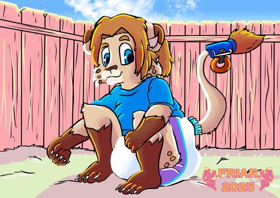 Illustration of Toffee the diapered lion crouching in the back yard.