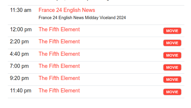 Screenshot of TV listings for the Australian free-to-air channel SBS Viceland, showing that their entire afternoon and evening schedule is nothing but "The Fifth Element" repeated 6 times, back to back.