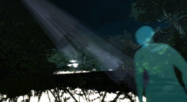 A screenshot from Second Life's Fantasy Faire, 2025. A semi-transparent being wearing a necklace with the Fantasy Faire logo stands in a field of brightly glowing flowers in a verdant wood. The sky is cloudy and speckled with stars, and beams of light cascade from the upper left of the image.