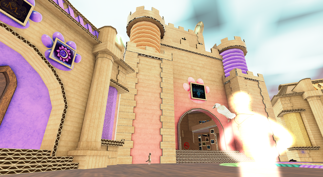A screenshot from Second Life's Fantasy Faire, 2025. The same semi-transparent being, luminous in this environment, takes in a castle and manor made of corrugated cardboard and brightly coloured twine. There are a few cats in the image, one standing upright, and the sky is bright . It's a fantasy domesticated cat's dreamworld, no doubt, with more things to scratch than you could possibly imagine, and probably the best 'nip on the grid.