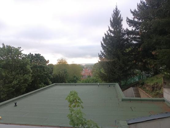 Vordergrund mit Flachdach. Links + rechts Bäume und Sträucher. Im Hintergrund Häuser bzw. deren Dächer und am Horizont (oben) ist der bedeckte Himmel zu sehen.