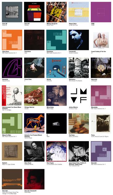 Collage des pochettes des albums de Aerial M (Aerial M), Aerial M (October), Mathieu Boogaerts (Grand Piano), Robert Cahen (La Nef Des Fous), CHBB (CHBB), China Drum (BBC Radio Sessions Vol. 1), Electrelane (Axes), Electrelane (BBC Radio Sessions Vol. 1), Femminielli (Double Invitation), French Cowboy & The One (AF), Garaventa (Casual Drama), Eliana Glass (E), Heimat (Iti Eta No), Hydroplane (We Crossed The Atlantic), Hyperculte (La Pangée), Intercommunal Free Dance Music Orchestra (Vol. 4 - Jo Maka), Philippe Katerine (Zouzou), Melos Kalpa (Melos Kalpa), Jérôme Minière (Le Vrai Le Faux), Moonshake (BBC Radio Sessions Vol. 1), Mouse On Mars (BBC Radio Sessions Vol. 1), Orchestre Tout Puissant Marcel Duchamp (Ventre Unique), Ø (Metri), Pan Sonic (Kesto (234.48:4)), Pixies (Surfer Rosa & Come On Pilgrim), Rachel's (Music For Egon Schiele), Steve Reich (Collected Works), Rien Virgule (La Consolation Des Violettes), Jayne Amara Ross, Frédéric D. Oberland, Gaspar Claus (The Freemartin Calf), Stereolab (BBC Radio Sessions Vol. 1), Stereolab (Cobra And Phases Group Play Voltage In The Milky Night [2025 Reissue]), Anna Von Hausswolff (Dead Magic [Limited coloured LP])