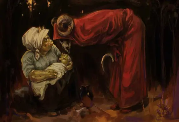 A digital painting of a red cloaked figure with a ram skull looming over a demon woman holding a baby.