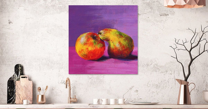 A Pair of Apple and Pear is an acrylic painting in contemporary square format painted by artist Karen Kaspar. A fresh ripe apple and a pear lie side by side on a table. The background is abstractly painted in various shades of purple and pink. The fruit is realistically painted in bright yellow, orange, red and green tones.
The pear appears to lean towards the apple and give it a kiss. Maybe she whispers to him: Would you like to make a fruit salad with me? The apple gets red cheeks and breathes back a happy yes.