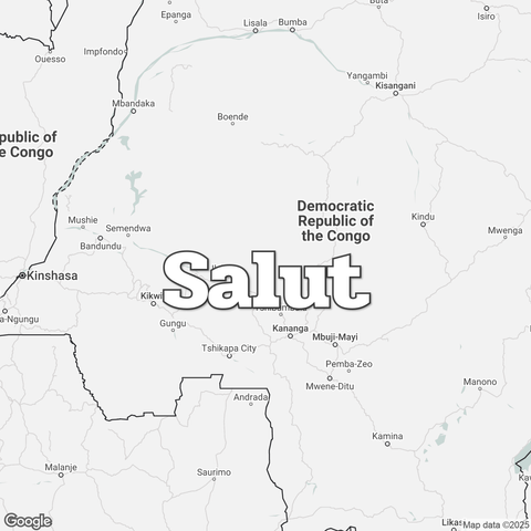 Map of Democratic Republic of Congo overlaid with a translation of the word "hello": Salut.