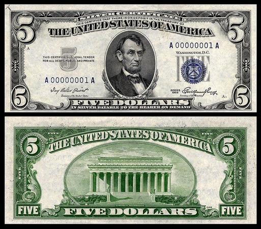 Obverse and reverse of a 1953 five-dollar silver certificate