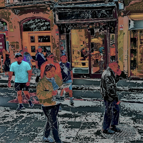 Barcelona digital edited street photography, made with the GNU Image Manipulation Program + Grid BW Color (G'MIC-Qt).