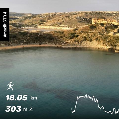 View from trails in the right, looking down in Riviera Bay, and then across into Gnejna Bay. The sea is dark and light emerald green, contrasting with the brown green of the scrub and orange and yellow sands.and rocks.
Data imprinted from the Amazfit GTR4 running watch shows 
Distance 18.05km
Elevation gain 303meters
A graph on the right side shows the up and down trace across the total length of the route.